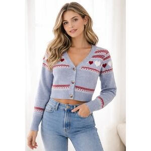 Jessica Simpson Blue Heart Fair Isle Cropped Cardigan Sweater Women Medium